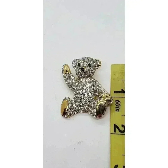 Vintage Teddy Bear Brooch Clear & Green Rhinestones Cute Waving - Picture 6 of 6